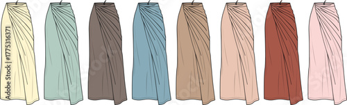 A collection of elegant draped skirts in various soft pastel and earthy tones, showcasing fashion and style