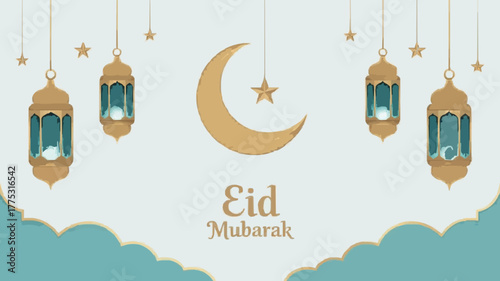 Elegant Eid Mubarak celebration background with golden lanterns, crescent moon, and stars, perfect for Ramadan greetings and festive wishes, creating a warm, spiritual atmosphere