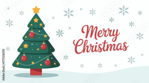 Festive Merry Christmas greeting with decorated tree and snowflakes, perfect for holiday marketing, seasonal promotions, and spreading joyful cheer this winter