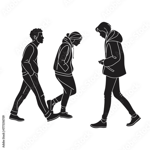 Vector silhouettes of men and a woman, a group of standing business people, black color isolated on a white background