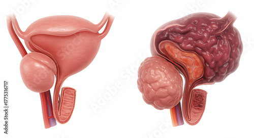 Illustration of a healthy prostate and an enlarged bph benign pr