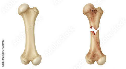 Femur bone comparison: healthy vs fractured, medical illustratio
