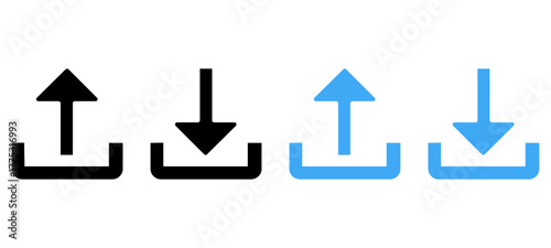 Set of upload and download icons arrow symbol in black and blue outline styles. Perfect for data transfer, cloud storage, file sharing, transferring, saving blue and red arrows