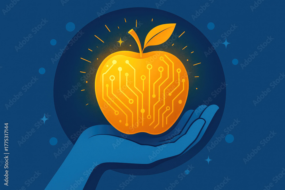 Fototapeta premium Hand holding a glowing orange apple with circuit board pattern within a blue circle 