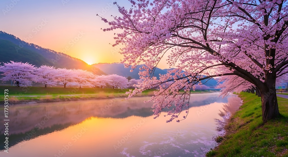 Fototapeta premium Cherry Blossoms Blooming Beside River at Sunrise.