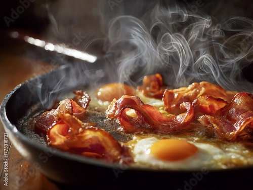 Bacon and eggs in frying pan sizzling 