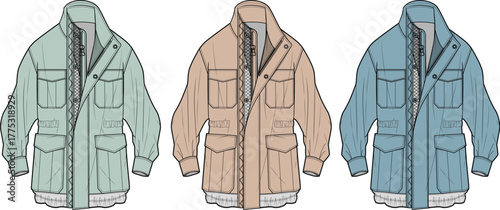 Three stylish jackets in different colors for fashion and outerwear, showcasing versatile design