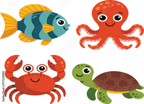 Cute Sea Animals Cartoon Vector Set - Fish, Octopus, Crab, and Turtle Mascot Collection - Ocean Wildlife Illustration