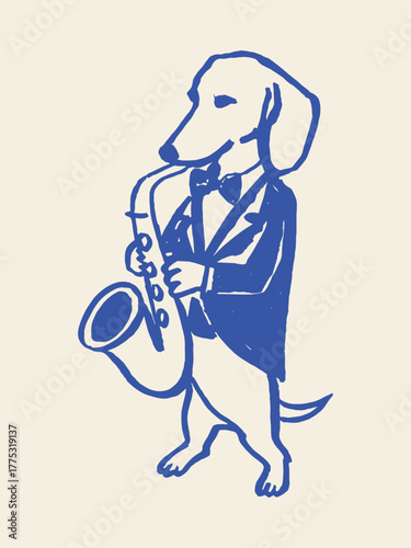 Dog playing saxophone, naive sketch vector illustration