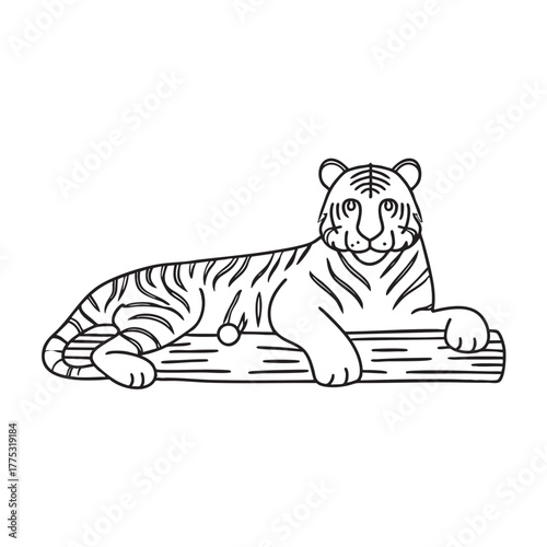 A tiger rests at the zoo beside a log