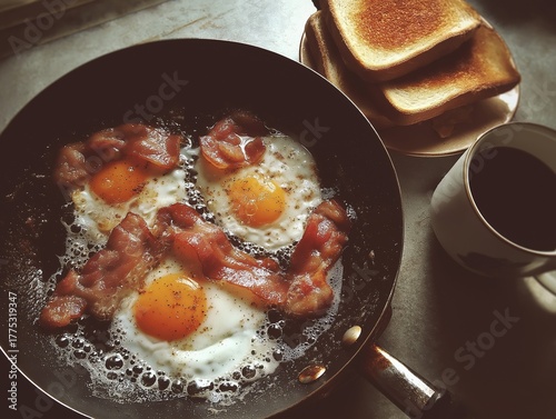Bacon and egg in frying pan - morning breakfast top view