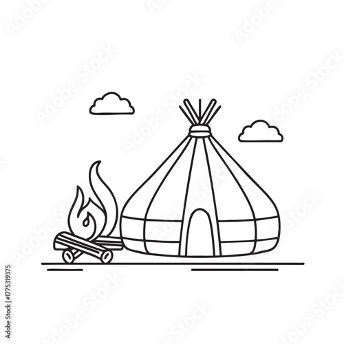 A yurt beside a campfire under a starry sky