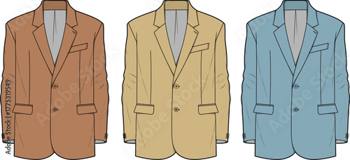 A versatile collection of classic men's blazers in three stylish colors, brown, beige, and blue, presented as detailed vector illustrations for fashion design and apparel concepts