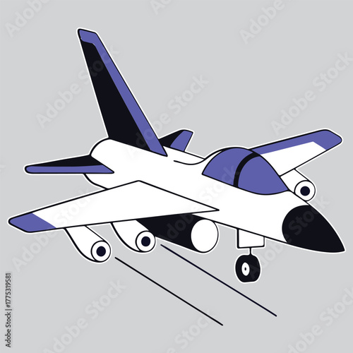 A modern fighter jet vector design viewed from above in a blue and white color combination. The aerodynamic appearance emphasizes speed and air power. Suitable for military illustrations, aviation pos