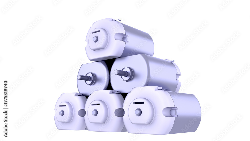 Obraz premium DC Electric Motors. stacked one on top of the other. High-quality 3D models rendering isolated on white background. Ideal for professionals, educational, engineering, and industrial design.