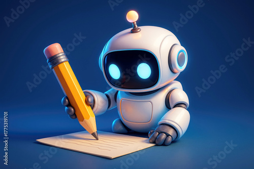 Small AI robot writing on paper with a yellow pencil, glowing eyes, blue background artificial intelligence