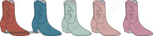 Row of multicolored cowgirl boots with classic embroidery. Flat vector illustration representing country western style and fashion