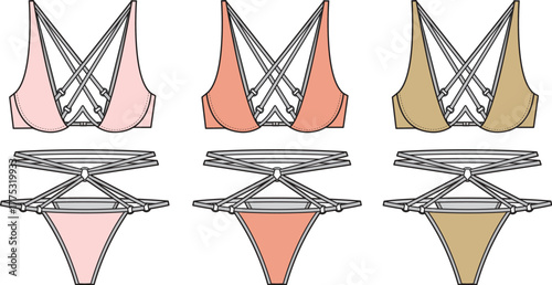 Fashion technical sketch of a strappy lingerie set with a cage bra and panties. Vector illustration template for apparel design in multiple colorways