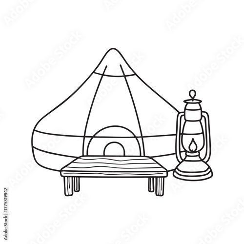 A yurt close to a wooden bench and lantern