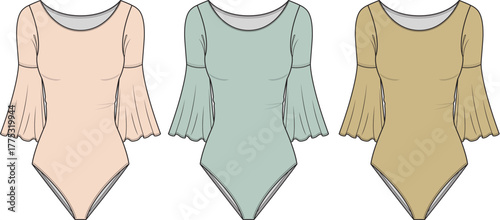 Three Stylish Bodysuit Designs Pastel Colors and Bell Sleeves, Modern Fashion Illustration