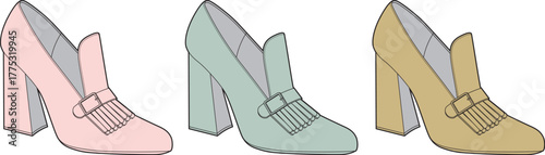 Three elegant women's high-heeled loafer shoes in soft pink, mint green, and mustard yellow, featuring classic tassel details for fashion