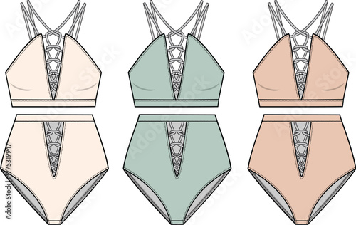 Collection of women's swimwear flat illustrations showing a stylish high-waist bikini with strappy lace-up details in three color options