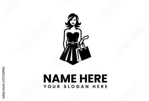 Elegant and modern vector logo template showcasing a stylish woman carrying shopping bags, perfect for fashion boutiques, retail businesses, or personal stylist branding. This minimalist design 