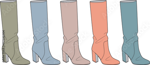 A collection of stylish women's high-heeled boots in various pastel colors. Vector illustration of fashionable knee-high footwear