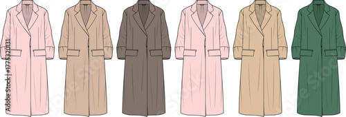 Vector illustration of a classic ladies' overcoat fashion design template shown in a pastel and earth tone color palette