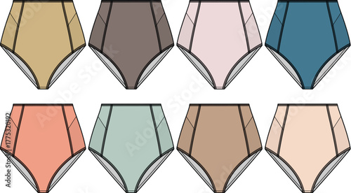 A diverse collection of women's essential underwear, presented as vector illustrations of eight different colored brief styles, perfect for fashion design and apparel concepts