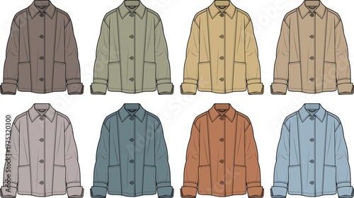 Collection of stylish jackets in various muted color palettes for versatile wardrobe options