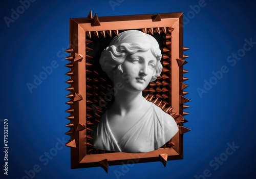 White marble bust of woman in art frame with spikes. Contrast of classical beauty with edgy elements. Creative art concept for design.