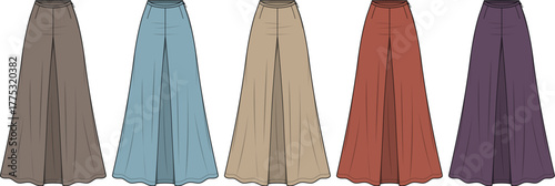 A collection of five different colored pleated pants, showcasing various shades of earth tones and jewel tones