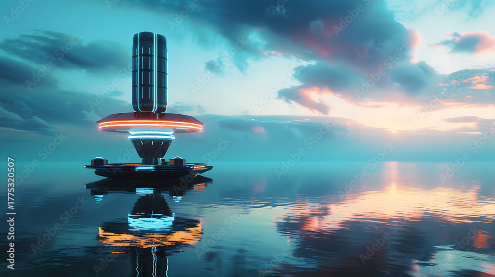 Naklejka premium Floating Futuristic Energy Tower Over Calm Water Representing Modern Renewable Innovation