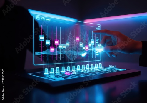 Human hand manipulating a futuristic digital sound mixer with glowing neon interface and virtual faders. Concept of music production and audio engineering.