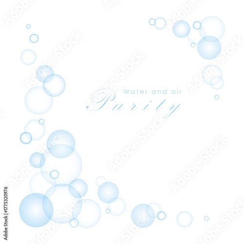 Transparent bubbles corner frame isolated on white. Light blue transparent circles or soap bubbles, angle composition. Vector clipart for pure water or air design, square template.