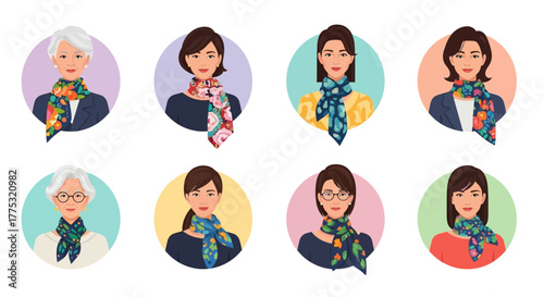 Icon set of eight diverse women avatars wearing various patterned neck scarves, including mature women with glasses, in a flat circle style.