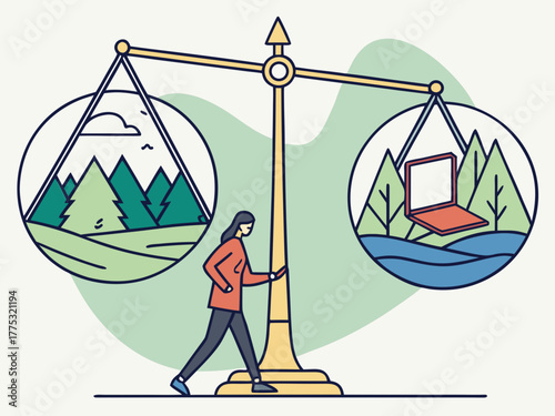 Conceptual Vector Illustration of Person Balancing Digital World and Nature Symbolizing Screen-Life Harmony