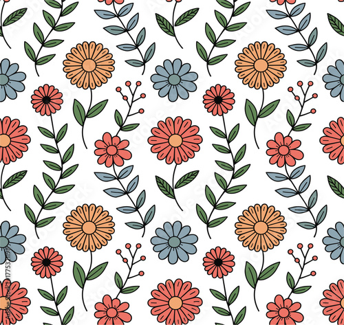 Seamless Floral Pattern Vector Background - Hand Drawn Flowers, Leaves, and Berries - Cute Summer Textile Print