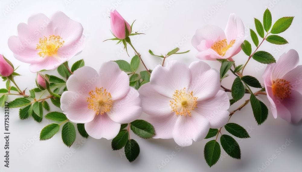 Fototapeta premium Delicate Wild Rose Flowers With Soft Pink Petals Against A White Background Create A Minimalist And Serene Atmosphere