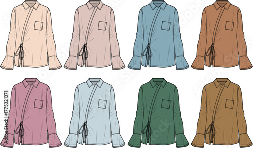 Collection of elegantly draped shirts in a variety of fashionable colors, perfect for chic outfits