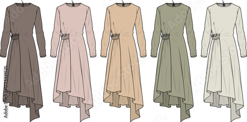 Fashion design concept showing a collection of elegant long sleeve asymmetrical dresses. Technical flat sketch template for apparel in a muted earth tone color palette