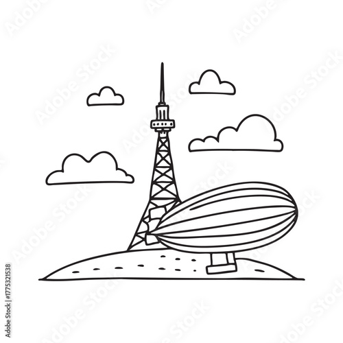 A zeppelin close to a radio tower on a hill