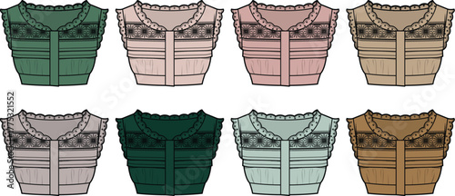Collection of women's lace trim ribbed knit tops in various colors. Vector fashion flat technical sketch for apparel design, clothing manufacturing, and tech packs