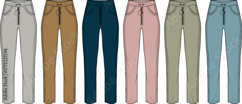 Flat sketch illustration of women's comfortable jogger pants, showcasing various casual solid colors suitable for fashion design templates and apparel conceptualization