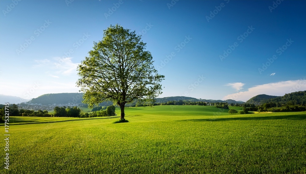 Fototapeta premium Ein Einzelner Baum Auf Einem Weiten Grunen Feld Bei Zurich Eingerahmt Von Einem Ruhigen Himmel Ideal Fur Natur Landschafts Und Umweltprojekte