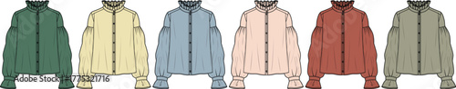 Row of classic long-sleeve button-down shirts in an array of different colors, rendered as flat technical sketches for fashion design and apparel concept presentations
