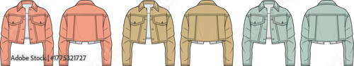 Set of women's cropped trucker jackets in multiple colorways. Fashion apparel design technical flat sketch template