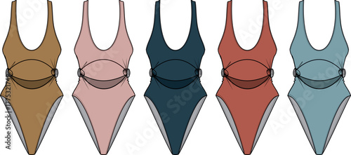 Collection of stylish flat-lay one-piece swimsuits in various earthy and pastel colors, perfect for summer fashion and beachwear designs