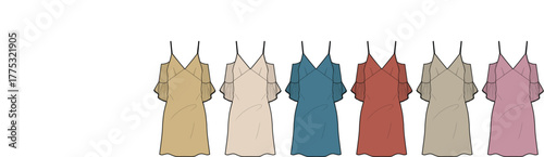A vibrant collection of elegant women's summer dresses in a palette of multiple colors, showcasing a stylish clothing concept for modern fashion and apparel design